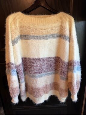 &MERCI Fuzzy Knit Striped Sweater M Oversized Cream Taupe Burgundy Blue